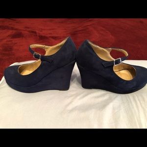Blue suede Mary Jane wedges 8